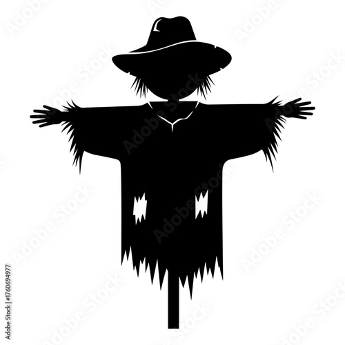 Silhouette of a scarecrow with a hat and outstretched arms standing in a field on a white background