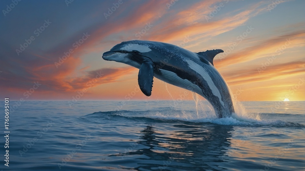 Fototapeta premium Majestic dolphin leaping from serene ocean waters at sunset, with vibrant clouds in the background
