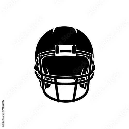 A black and white graphic illustration of a football helmet with a face mask and padding detail shown