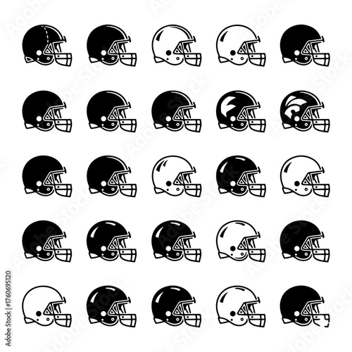 Grid of football helmets in black and white showing sports equipment for safety and protection on field