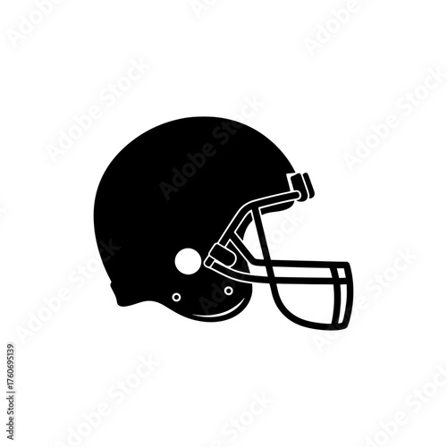Illustration of a black football helmet with a face mask and visible padding on a white background