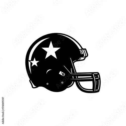 Illustration of a black football helmet adorned with two white stars in a side view on white background