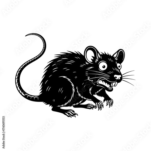 A black and white illustration of a cartoon rat with a long tail and sharp teeth looking menacingly