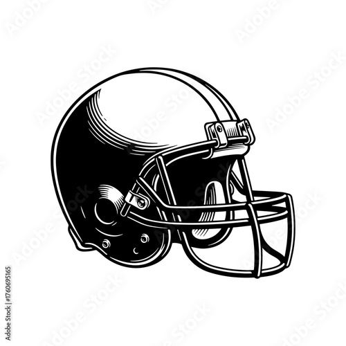 Illustration of a detailed football helmet with a face mask and intricate line work design element shown
