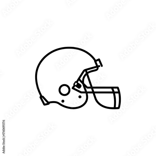 An illustration of a football helmet with a face mask and a chinstrap in a simple line art style