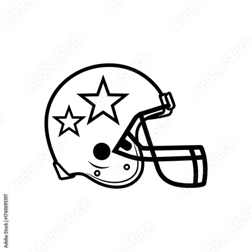 Illustration of a football helmet with two stars on the side in black and white outline style design