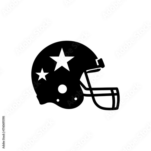 A black football helmet with two white stars and a white circle on it in a side view illustration