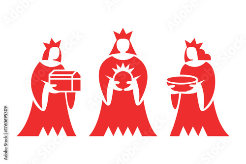 Three wise men figures in red robes holding gifts on epiphany day celebration christian tradition