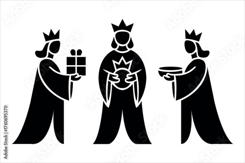 Three wise men silhouettes bearing gifts for the nativity scene on epiphany day