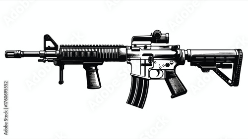 A black and white illustration of an M16 assault rifle in a side profile view against a white background.  
