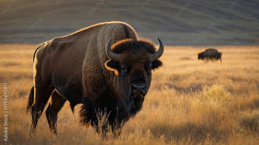 Obraz premium Majestic bison grazing in golden grasslands during sunset, with distant herd under a vast sky