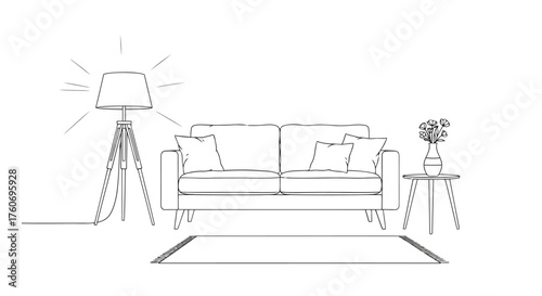 Cozy Living Room Scene with Sofa, Lamp, and Side Table Featuring a Vase of Flowers, Minimalist Line Art