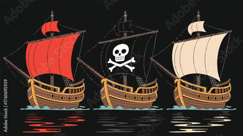 A digital illustration of three stylized pirate ships arranged horizontally against a black background.  
