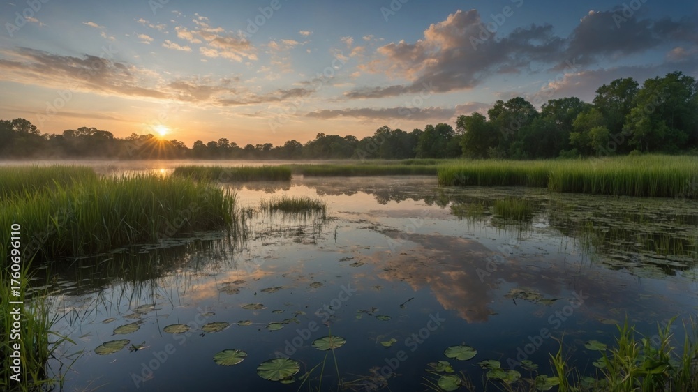 Obraz premium Serene sunrise over a tranquil lake surrounded by lush greenery and vibrant lily pads reflecting the sky