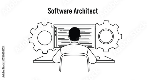 Software Architect Working on Computer with Gears symbolizing system design and coding