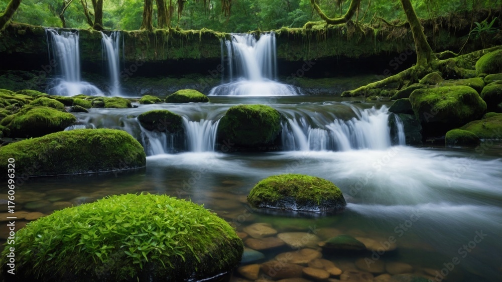 Obraz premium Serene waterfall cascading over mossy rocks in a lush green forest, creating a tranquil natural scene