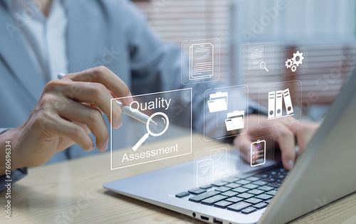 Audit and quality assessment concept, accountant reviewing business documents with checklist for evaluation, consulting, market report analysis, and process correctness.