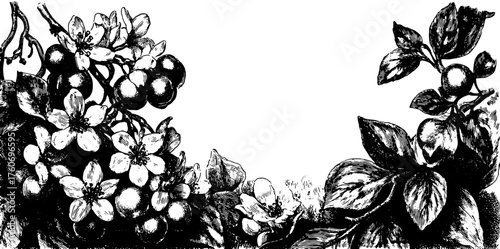 Vintage flower engraving illustration featuring leaves and blossoms. This intricate design highlights decorative elements in a detailed vector art set.