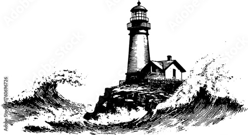 Lighthouse engraving art set depicting a coastal scene. Detailed vintage illustration featuring waves and a classic structure, perfect for various uses.
