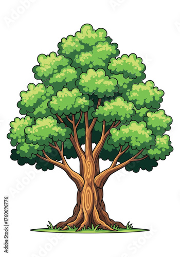 Lush Green Tree Illustration, Standing Tall with its Intricate Root System and Bountiful Canopy of Leaves