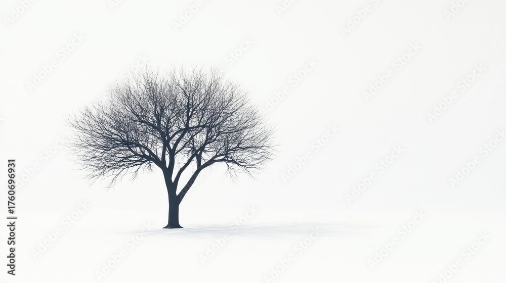 Fototapeta premium Bare tree standing alone in a snowy landscape during winter's quiet solitude