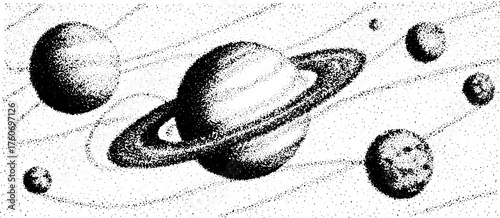 Planetary arrangement in a simple illustration featuring celestial objects. The design includes Saturn and others in a flat vector format.