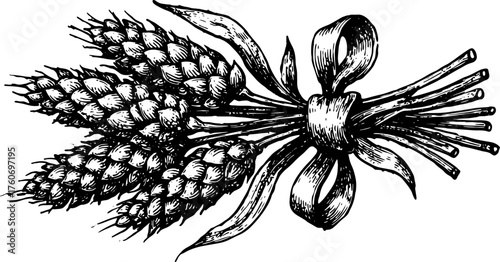 Wheat bunch in black and white vintage style. Detailed botanical vector illustration of a simple bundle with ribbon.