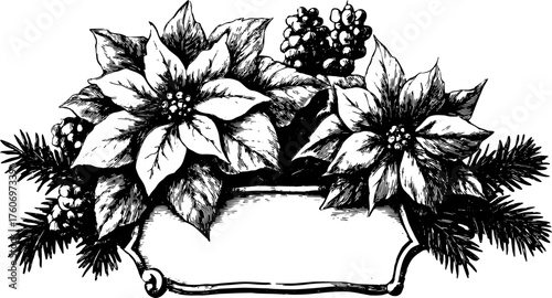 Poinsettia flower and foliage in black hand-drawn style. Vintage decorative illustration for card or banner set, vector.