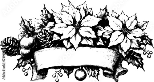 Hand-drawn poinsettia flower illustration with decorative pinecones and leaves. A black and white vector design set for holiday greeting cards.