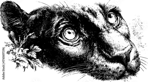 Leopard portrait in black and white drawing style. Realistic animal vector illustration focusing on facial details and elegant features in a set.