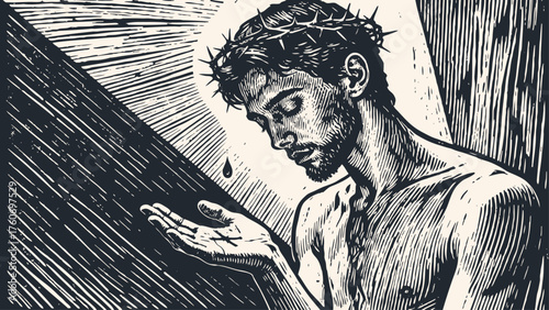 Vector illustration of Jesus Christ in a crown of thorns, depicted in a classic woodcut style. Symbol of faith, sacrifice, and the Passion.