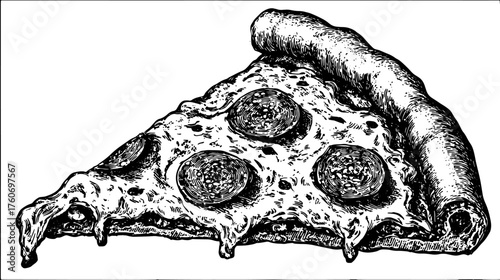 Vintage black and white illustration of a pizza slice. Detailed line drawing of cheese and pepperoni in a vector style for food representation.