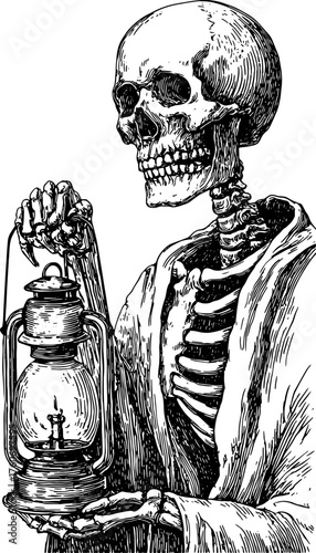 Skeleton holding a lantern in vintage outline style. Black and white vector illustration with detailed features.