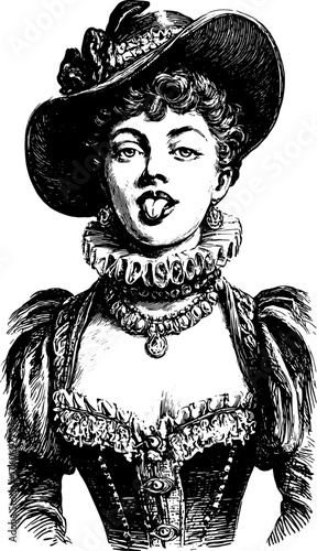 Vintage woman in a stylish hat and elegant clothing. The black and white vector illustration showcases a bold expression with intricate accessories.