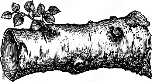 Vintage black and white illustration of a log with leaves. Detailed outline drawing showcasing natural texture in vector format.