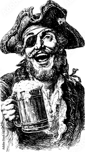 Vintage pirate man holding a beer mug in a cheerful gathering. Detailed vector illustration in a retro engraving style.