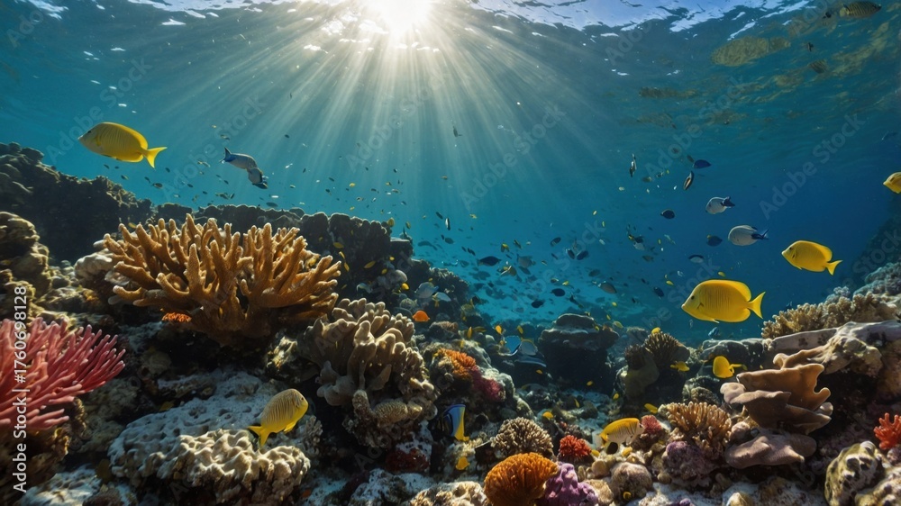 Obraz premium Underwater scene showcasing vibrant coral reefs and diverse fish species illuminated by sunlight