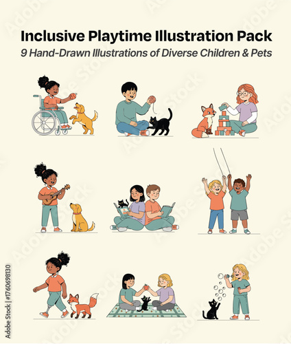 Inclusive Playtime Vector Illustration Set: Diverse Children, Disability, and Pets.