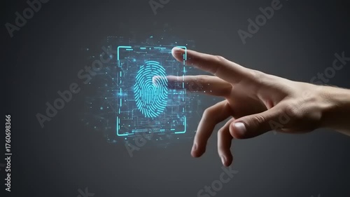 Futuristic hand interacting with a digital fingerprint scanner, showcasing technology in action