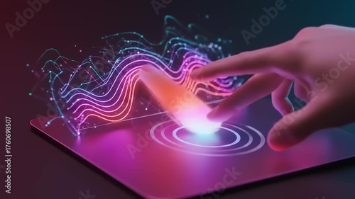 Futuristic hand interacting with holographic sound waves on a sleek digital interface in a dark setting