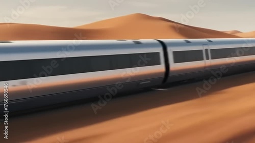 Futuristic high-speed train navigating through a vast desert landscape under a clear sky