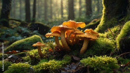 Vibrant orange mushrooms growing amidst lush green moss in a serene forest, capturing nature's beauty