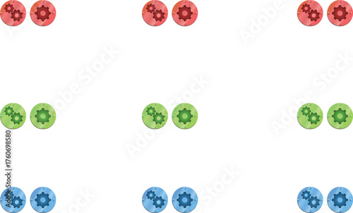 Set of 9 setting gear icons in red, green, and blue circle designs, representing configuration, control, and customisation options.