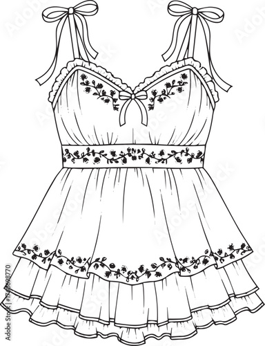 Ruffled embroidered dress illustration with tiered floral details
