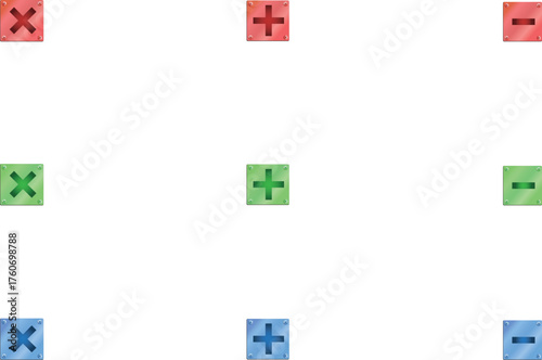 Set of 9 x, plus, and minus icons in RGB circles, symbolising multiply, add, and remove actions in modern digital interfaces.