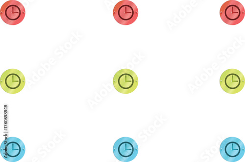 Set of 9 colourful clock icons in red, green, and blue circles, representing time, schedule, and alarm concepts.