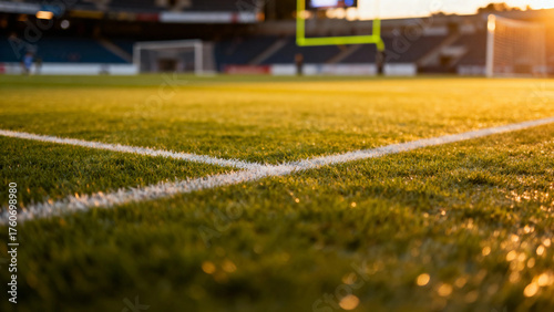 Close-up view of a football field corner with white boundary lines and goalposts in the background during golden hour