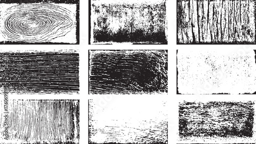 Set of Nine Rectangular Grunge Distress Texture Overlays Cracked concrete wall covered texture .dust distress grainy grungy effect, vector design on transparent background.