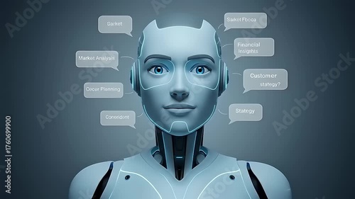 Futuristic robot head with digital speech bubbles showcasing business concepts and strategies