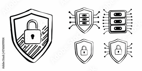 Hand drawn security shields and server icons depicting cybersecurity measures and data protection systems on transparent background